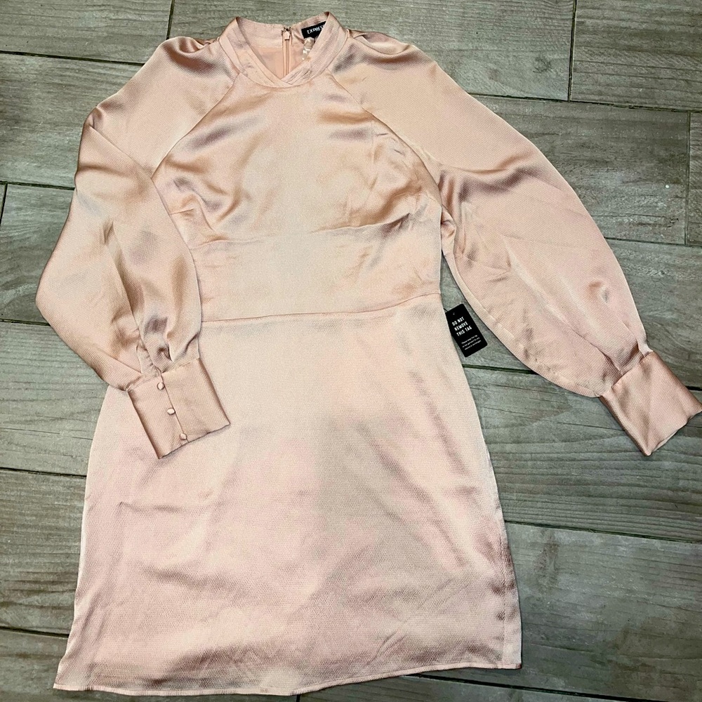 Express Satin Mock Neck Ballon Sleeve Dress